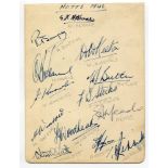 Nottinghamshire C.C.C. 1946. Album page signed in ink by thirteen members of the Nottinghamshire