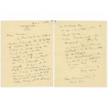 Pelham Francis 'Plum' Warner. Oxford University, Middlesex & England 1894-1929. Two page handwritten