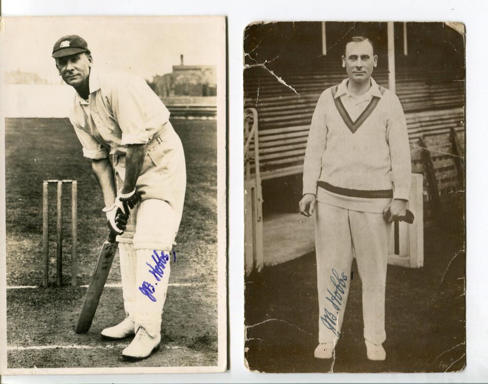 Jack Hobbs. Two mono real photograph postcards of Hobbs, both nicely signed in ink to the