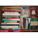 Cricket books, scorecards, tour brochures etc. Two boxes comprising a good selection of books and