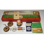 Cricket metalware and games. A selection of metalware, ceramics and cricket games including two '