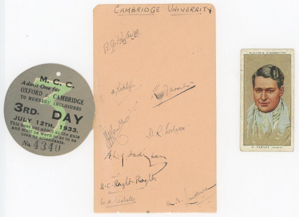 Cambridge University C.C. 1932. Album page signed in ink by nine members of the Cambridge University