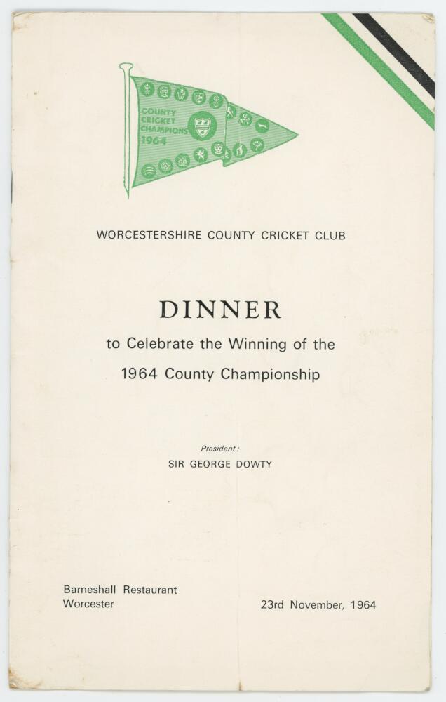 Worcestershire C.C.C. 1964. Official menu for the 'Dinner to Celebrate the Winning of the 1964