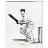 Don Tallon, Australia. Pen and ink image of Tallon in wicket keeping pose by artist Alan Shepherd