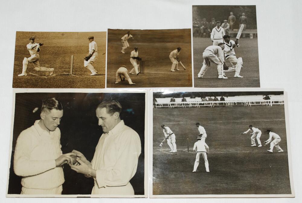 Australia tour to England 1934. Three original mono press photographs featuring R.E.S. Wyatt batting