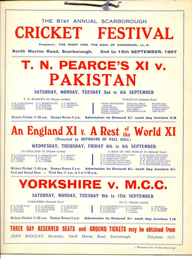 'The Annual Scarborough Cricket Festival'. Four official large hanging cricket fixture cards for the - Image 3 of 3