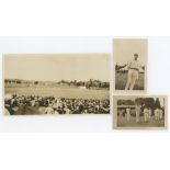 Three various sized small candid photographs 1920/30's. One of Bradman batting at Leeds 1930, and