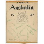 Australian Women's tour to England 1937. Unofficial sheet with ornate hand printed title and emblem,