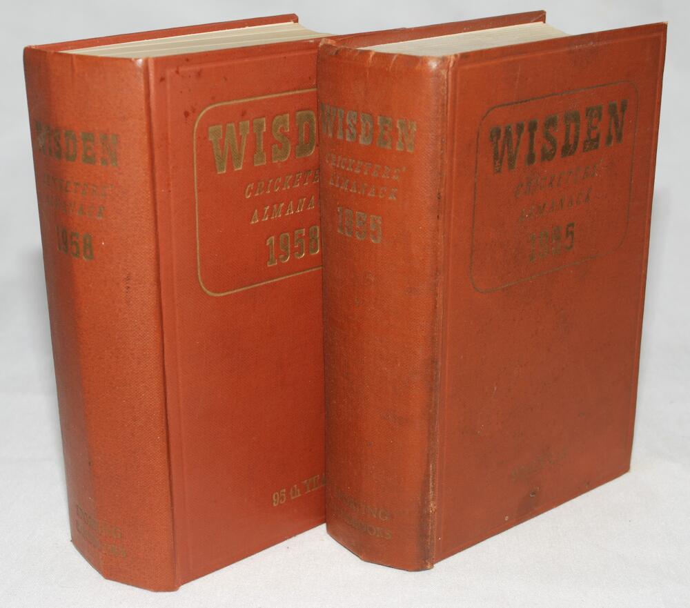Wisden Cricketers' Almanack 1955 and 1958. Original hardback. The 1955 edition with some wear and
