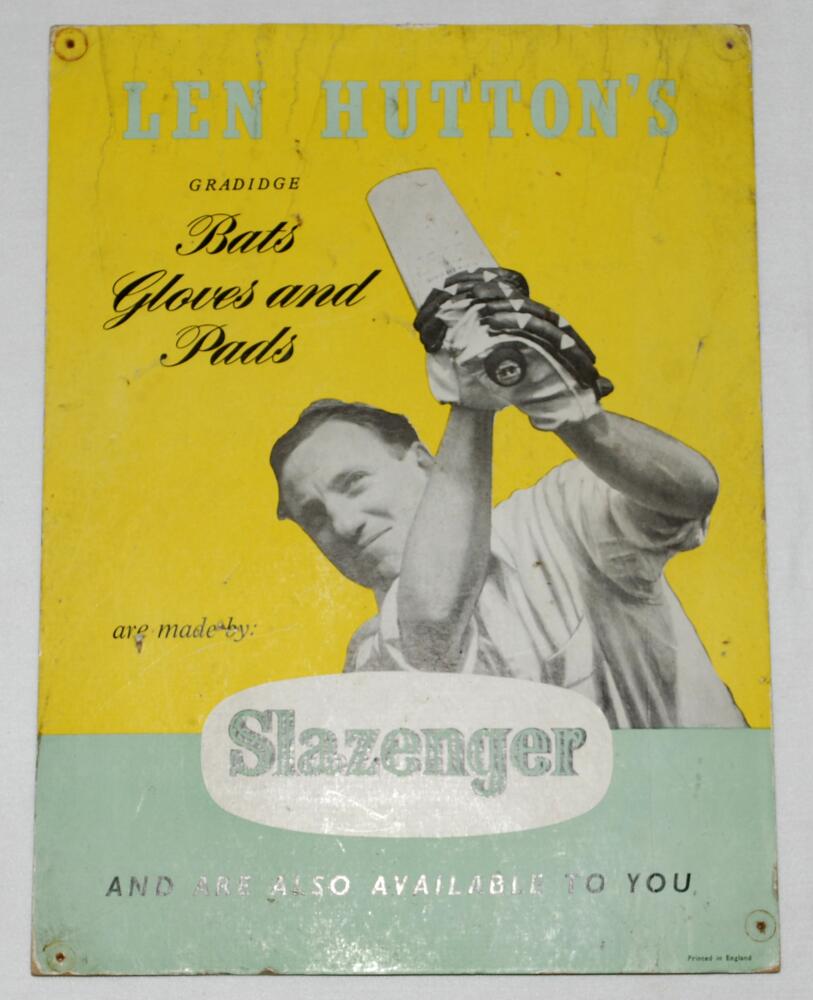 Len Hutton's Gradidge Bats Gloves and Pads'. Original free standing Slazenger advertising card