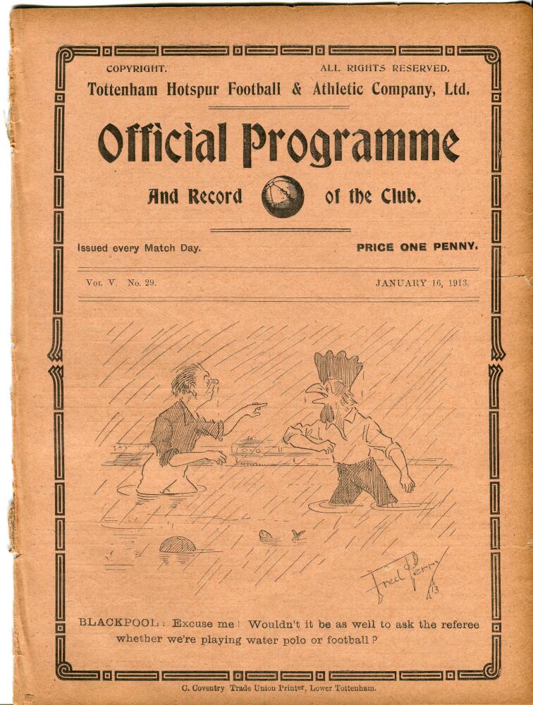 Tottenham Hotspur v Blackpool. English Cup. 1st Round Re-Play. Season 1912-1913. Original