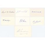 England Test cricketers c.1930s. Seven individual signatures in ink on small white cards of