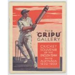 'Bodyline'. M.C.C. tour of Australia 1932/33. 'The Gripu Gallery. Cricket Souvenir of the English