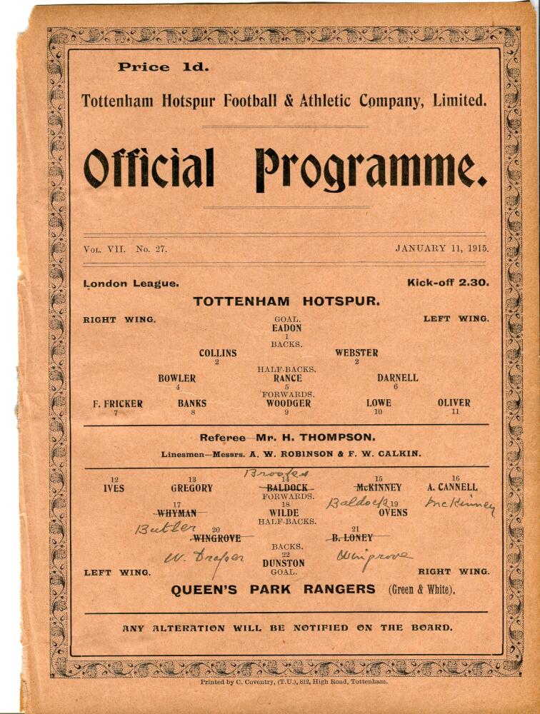 Tottenham Hotspur v Queens Park Rangers and v West Ham United. London League. Season 1914-1915.