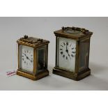 An early 20th century French lacquered brass carriage clock, h.11.5cm; together with one other