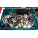 A box of miscellaneous metalware, to include silver plated oval gallery tray with floral engraved