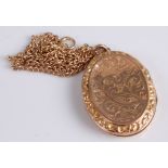 A 9ct gold engraved picture locket, on finelink neck chain, 9.4g