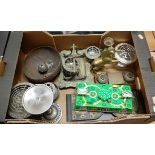 Assorted metalware, to include rose bowls, Victorian brass mounted bookslide, small desk stand etc