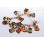 A 9ct gold curblink bracelet containing a collection of 9ct gold and enamel set charms, being