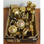 A box of miscellaneous metalware to include brass candlesticks, brass deer ornaments etc