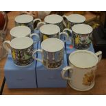 A set of eight Wedgwood boxed china coffee mugs together with a Royal Worcester Royal Marriage