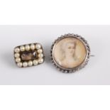 A 19th century seed pearl set mourning brooch, being yellow metal backed, 14mm; together with a