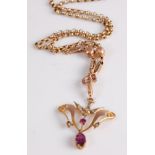 An Edwardian 9ct gold, amethyst and seed pearl set openwork pendant, 38mm, on 9ct gold belcher