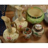 A mixed lot to include Victorian glass single lustre, pair of Crown Devon Fieldings ewers,