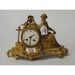 A late 19th century continental gilt metal and porcelain inset mantel clock, with associated plinth