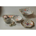 Assorted continental porcelain wares, to include Dresden basket centrepiece, pot pourri bowl and