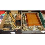 Two boxes of assorted metalware, largely being brass and copper, to include crumb-scoop,