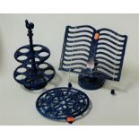 A Victor cast iron and blue enamelled kitchen bookstand, together with a similar saucepan stand