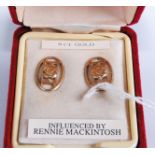 After Charles Rennie Mackintosh - a pair of 9ct gold ear studs, in fitted case
