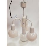 A modern white painted metal three branch ceiling light fitting, each with iridescent globular
