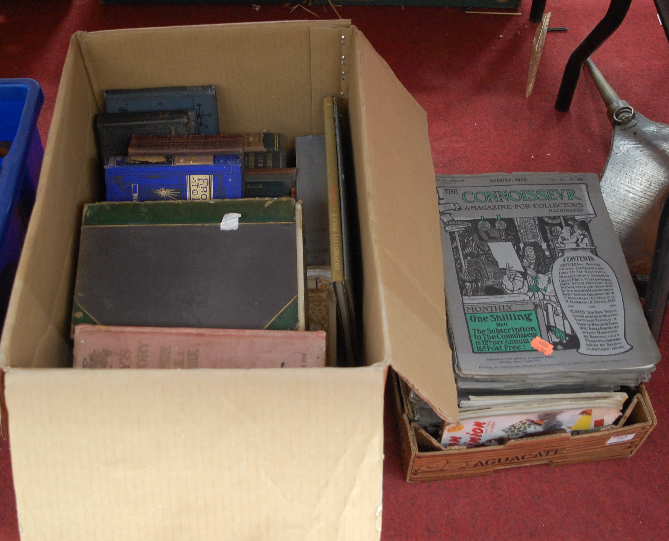 Two boxes of assorted volumes to include The Connoisseur Magazine