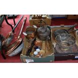 Two Victorian copper warming pans, together with a pair of oak and leather fireside bellows, and two