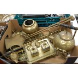 A box of miscellaneous brassware, to include spirit kettle on stand, turned brass fire tools, desk