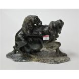 A Chinese soapstone carving of a water buffalo under attack from a lion (a/f)