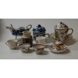 Mixed chinawares, to include blue and white printed cow creamer, French faience chocolate cup and