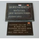 A heavy brass annotated wall sign, w.25cm; and one other for Shorten & Armes Ltd, w.31cm (2)