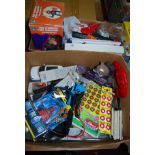 Two boxes of mixed modern release toys, books and accessories, to include action figures, diecast