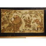 An early Chinese embroidered silk panel, woven in multicoloured gold threads, depicting figures in a