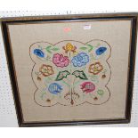 A framed floral tapestry embroidered needlework wall hanging, by Emily Alleston of Red House Farm,