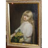 Circa 1900 school - Half-length portrait of a girl with flowers, oil on canvas, 69 x 51cm