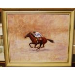 Allan Hardy, (20th century), Racehorse and jockey, oil on board, signed lower right, 45 x 54cm.