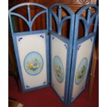 A contemporary painted three section folding screen, each panel w.50cm