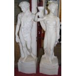 A pair of large cream painted plaster classical male and female standing figures, each typically