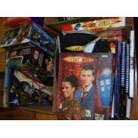 Two boxes of television related and sci-fi action figures, with related ephemera, to include Star