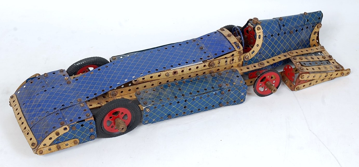 Two blue & yellow and gold Meccano home built models of a delivery van, and a landspeed record - Image 2 of 2