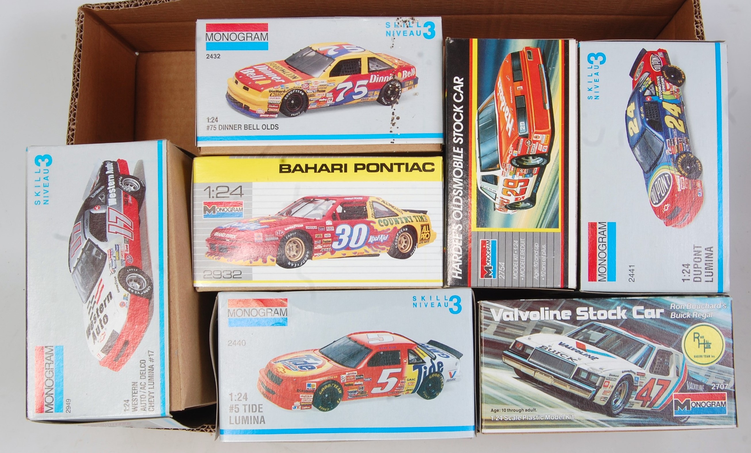 Seven various boxed Monogram 1/24 scale Stock Car and Nascar plastic car kit group, examples to